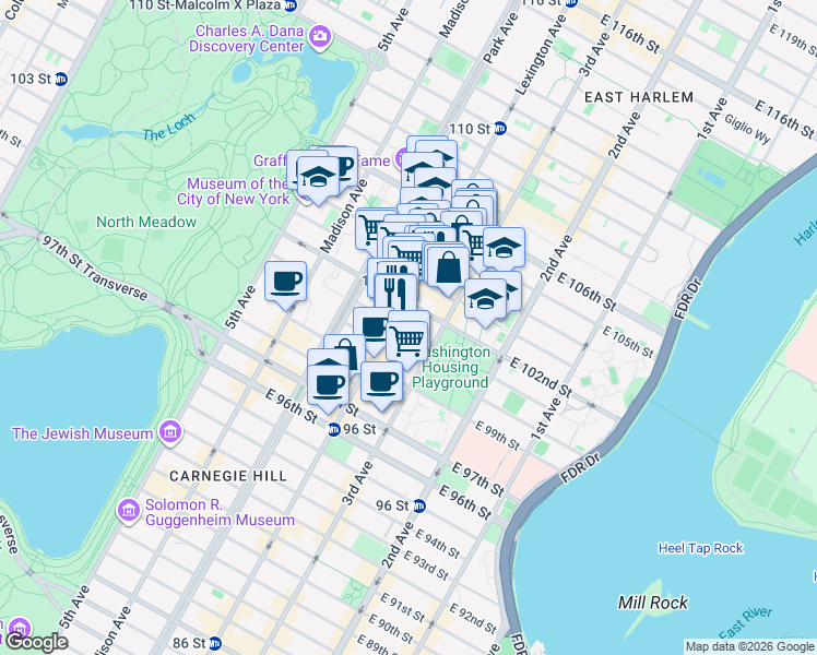 map of restaurants, bars, coffee shops, grocery stores, and more near in New York