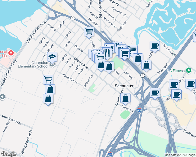 map of restaurants, bars, coffee shops, grocery stores, and more near 135 Centre Avenue in Secaucus