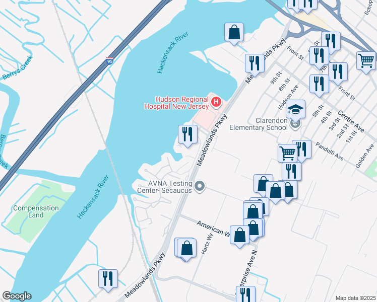 map of restaurants, bars, coffee shops, grocery stores, and more near 82 Harbor Key Road in Secaucus