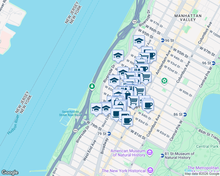 map of restaurants, bars, coffee shops, grocery stores, and more near 340 West 86th Street in New York