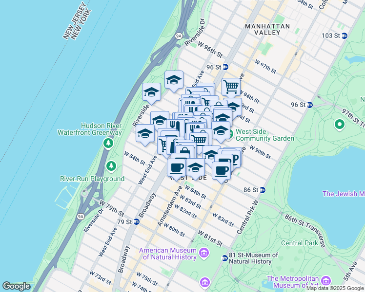 map of restaurants, bars, coffee shops, grocery stores, and more near 249 West 87th Street in New York