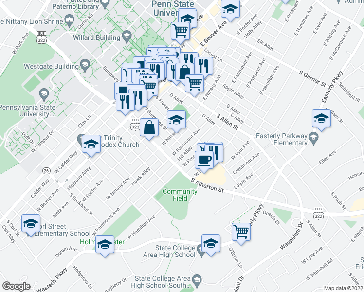 map of restaurants, bars, coffee shops, grocery stores, and more near 524 South Burrowes Street in State College