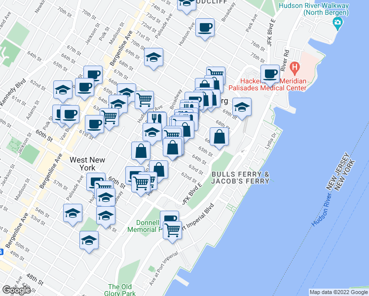 map of restaurants, bars, coffee shops, grocery stores, and more near 90 64th Street in West New York