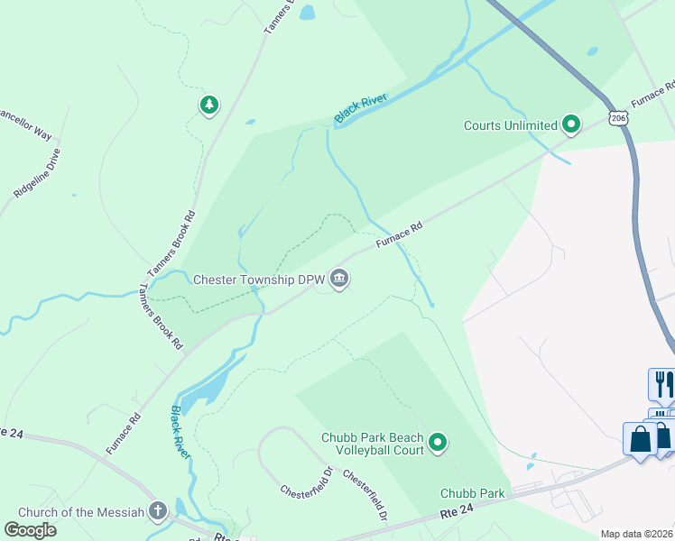 map of restaurants, bars, coffee shops, grocery stores, and more near 40 Furnace Road in Chester Township
