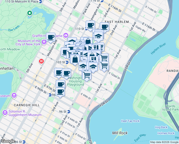 map of restaurants, bars, coffee shops, grocery stores, and more near 2nd Avenue in New York