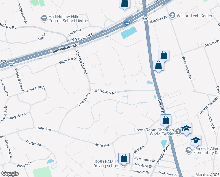 map of restaurants, bars, coffee shops, grocery stores, and more near 623 Half Hollow Road in Dix Hills