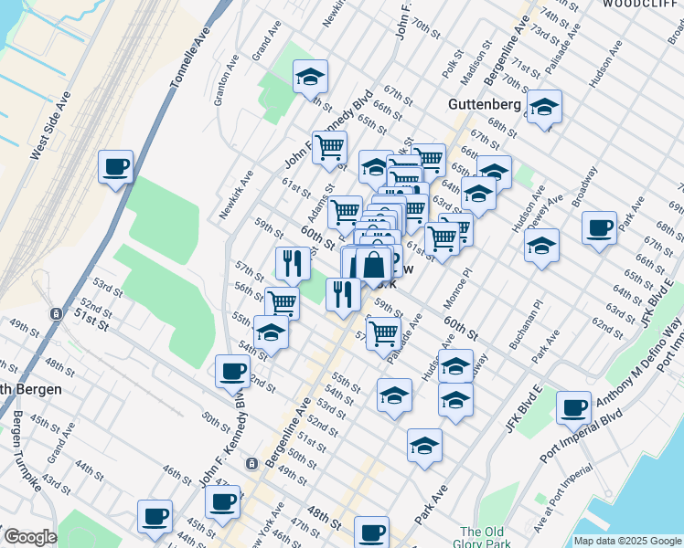 map of restaurants, bars, coffee shops, grocery stores, and more near Madison Street & 59th Street in West New York