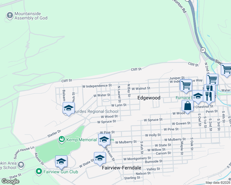 map of restaurants, bars, coffee shops, grocery stores, and more near North Laurel Street in Edgewood