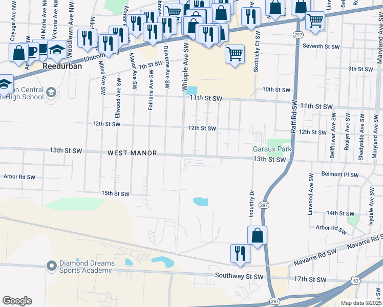 map of restaurants, bars, coffee shops, grocery stores, and more near 1239 Hawthorne Avenue Southwest in Canton