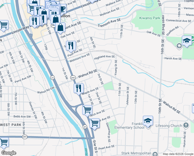 map of restaurants, bars, coffee shops, grocery stores, and more near 739 3rd Street Southeast in Massillon