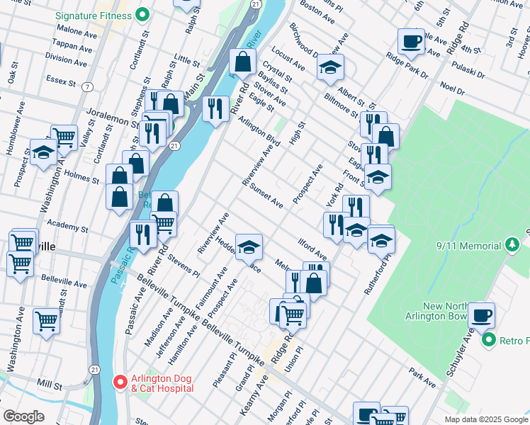 map of restaurants, bars, coffee shops, grocery stores, and more near 117 Sunset Avenue in North Arlington