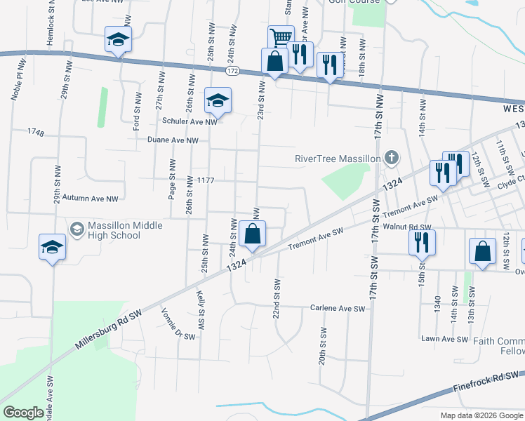 map of restaurants, bars, coffee shops, grocery stores, and more near 93 23rd Street Northwest in Massillon