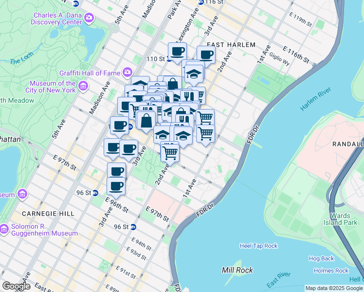 map of restaurants, bars, coffee shops, grocery stores, and more near in New York