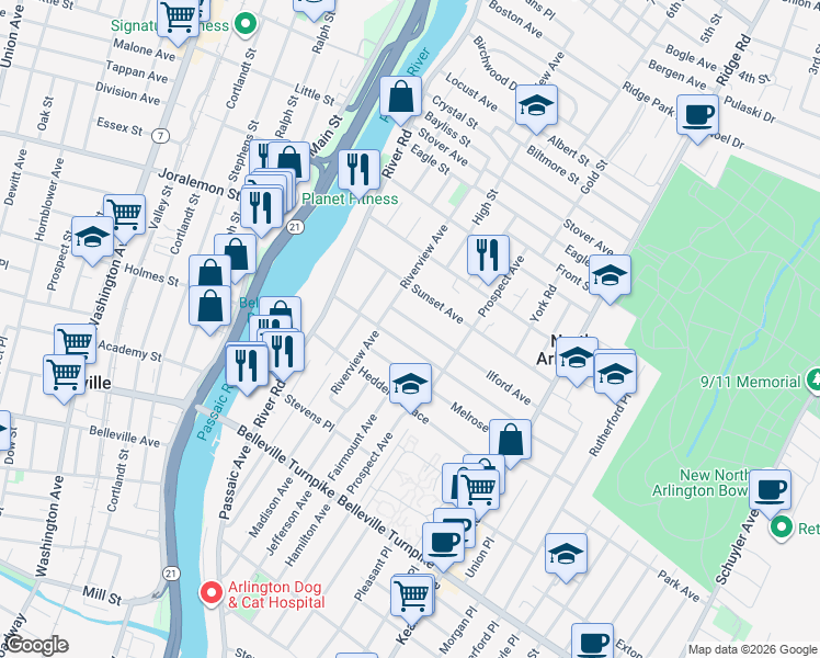 map of restaurants, bars, coffee shops, grocery stores, and more near 150 Riverview Avenue in North Arlington