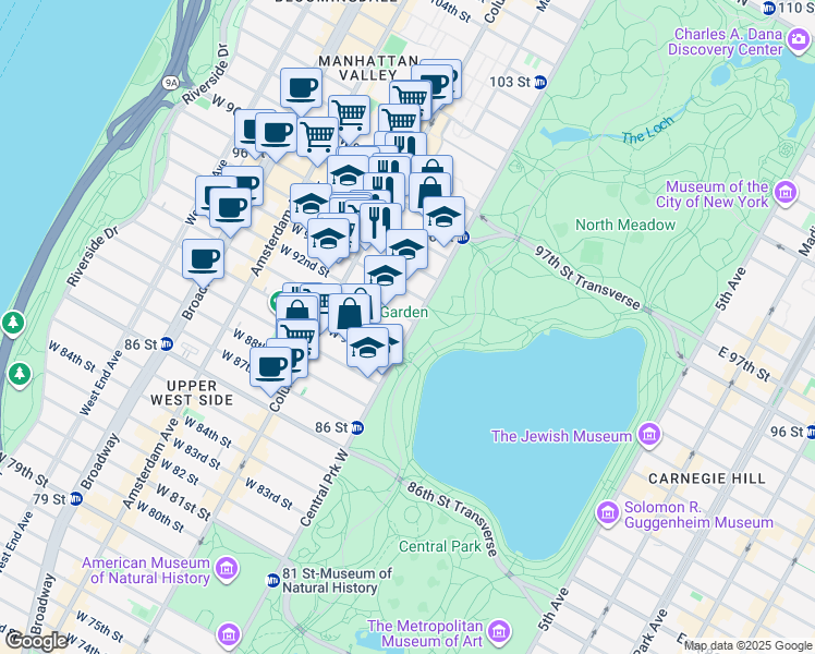 map of restaurants, bars, coffee shops, grocery stores, and more near 320 Central Park West in New York