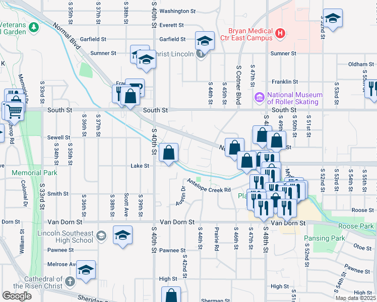 map of restaurants, bars, coffee shops, grocery stores, and more near 4121 Normal Boulevard in Lincoln