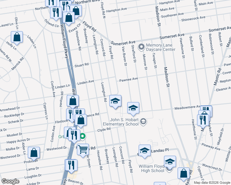 map of restaurants, bars, coffee shops, grocery stores, and more near 111 Floyd Road in Shirley