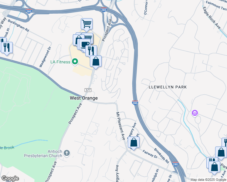 map of restaurants, bars, coffee shops, grocery stores, and more near 172 Dezenzo Lane in West Orange