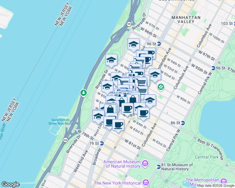 map of restaurants, bars, coffee shops, grocery stores, and more near 315 West 86th Street in New York