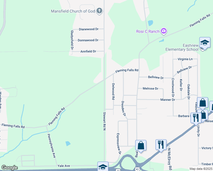 map of restaurants, bars, coffee shops, grocery stores, and more near 1134 Stewart Road North in Mansfield