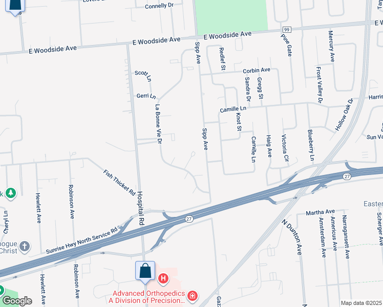 map of restaurants, bars, coffee shops, grocery stores, and more near 82 La Bonne Vie Drive in East Patchogue