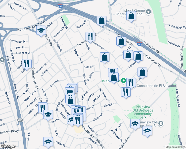 map of restaurants, bars, coffee shops, grocery stores, and more near 5 Vivian Lane in Plainview