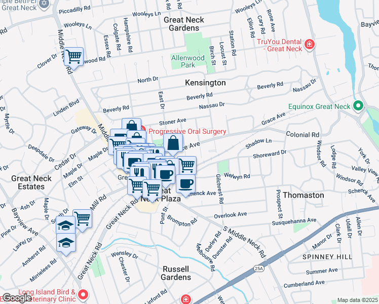 map of restaurants, bars, coffee shops, grocery stores, and more near 21 Canterbury Road in Great Neck