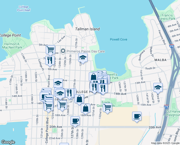 map of restaurants, bars, coffee shops, grocery stores, and more near 129-01 9th Avenue in Queens