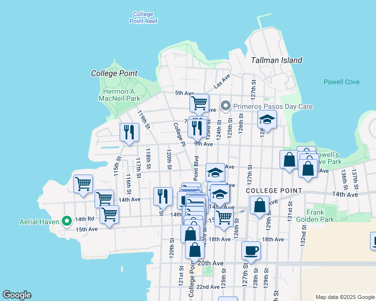 map of restaurants, bars, coffee shops, grocery stores, and more near 8-21 College Place in Queens
