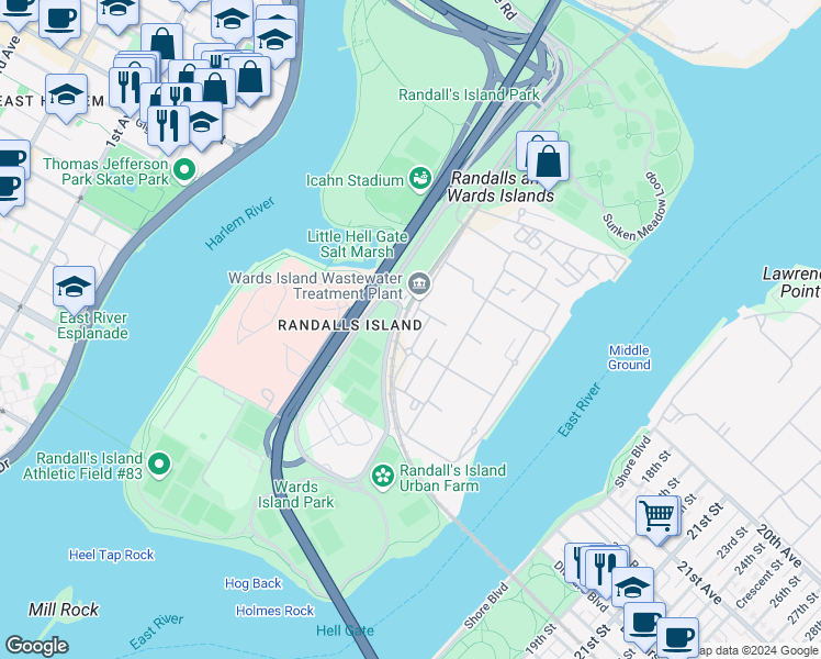 map of restaurants, bars, coffee shops, grocery stores, and more near 107 2nd Drive in New York