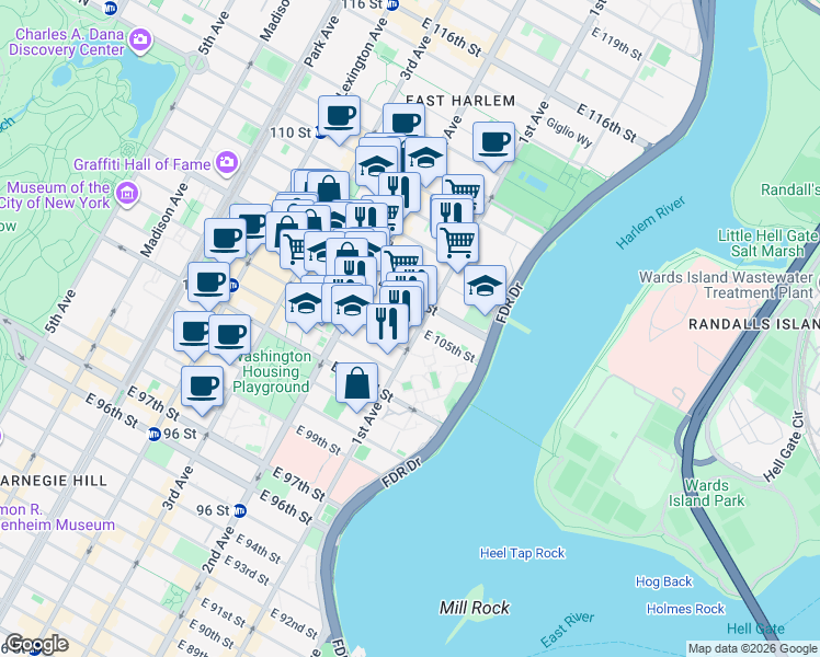 map of restaurants, bars, coffee shops, grocery stores, and more near 347 East 105th Street in New York