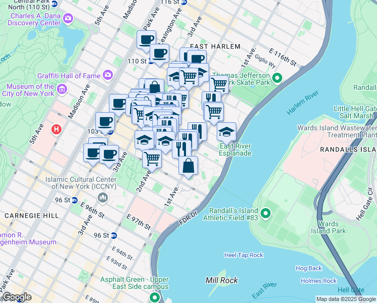 map of restaurants, bars, coffee shops, grocery stores, and more near 347 East 105th Street in New York