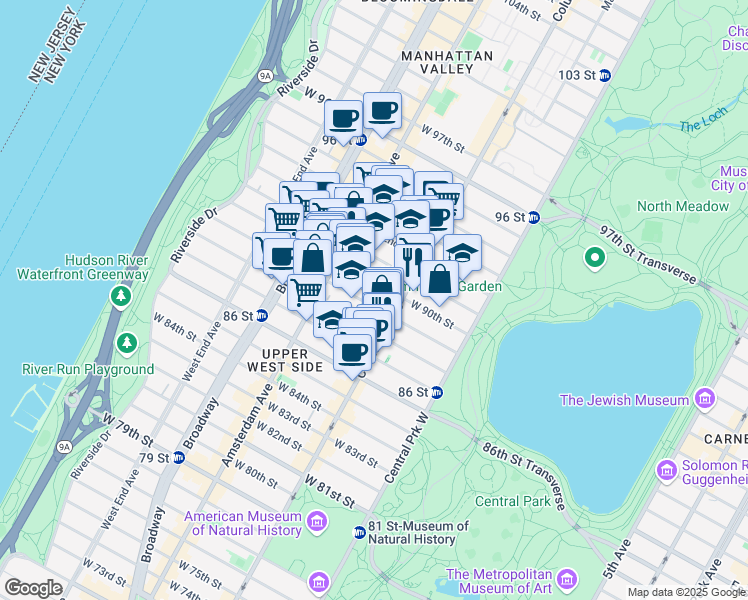 map of restaurants, bars, coffee shops, grocery stores, and more near 113 West 90th Street in New York