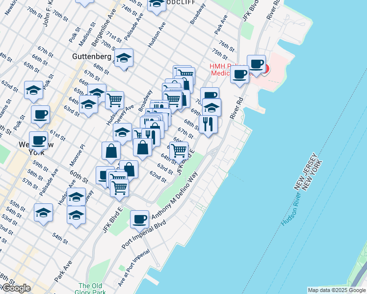 map of restaurants, bars, coffee shops, grocery stores, and more near 6612B Lincoln Place in West New York
