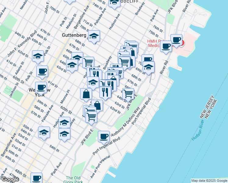 map of restaurants, bars, coffee shops, grocery stores, and more near 6509 Park Avenue in West New York