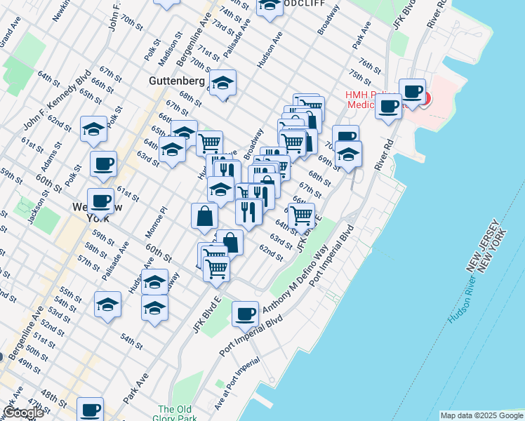 map of restaurants, bars, coffee shops, grocery stores, and more near 6509 Park Avenue in West New York