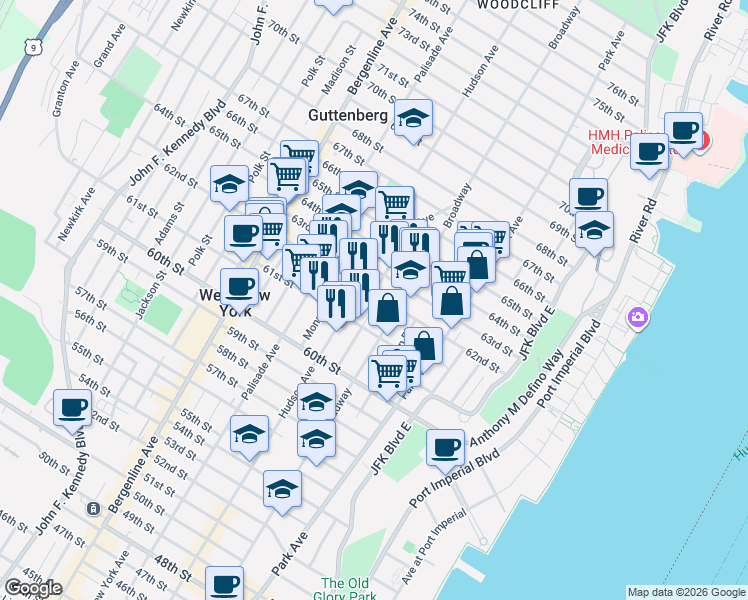 map of restaurants, bars, coffee shops, grocery stores, and more near 6200 Hudson Avenue in West New York