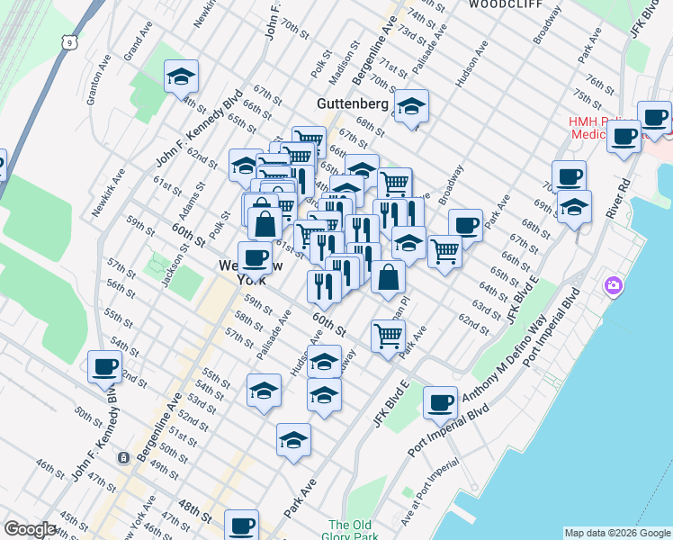 map of restaurants, bars, coffee shops, grocery stores, and more near 311 62nd Street in West New York