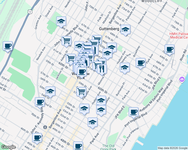 map of restaurants, bars, coffee shops, grocery stores, and more near 429 61st Street in West New York