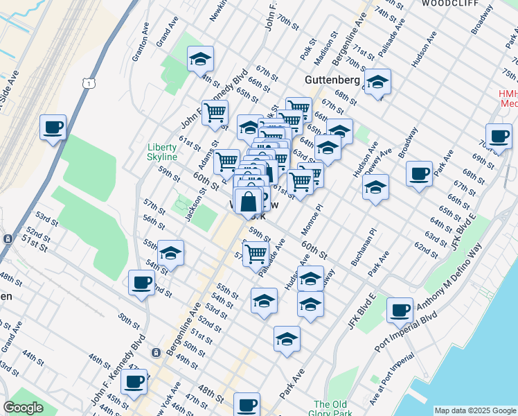 map of restaurants, bars, coffee shops, grocery stores, and more near 6103 Bergenline Avenue in West New York