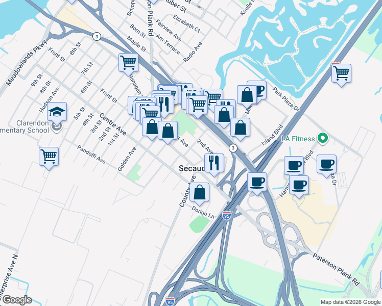 map of restaurants, bars, coffee shops, grocery stores, and more near 823 Roosevelt Avenue in Secaucus