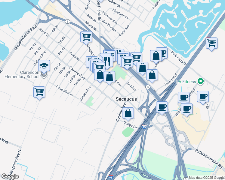map of restaurants, bars, coffee shops, grocery stores, and more near in Secaucus
