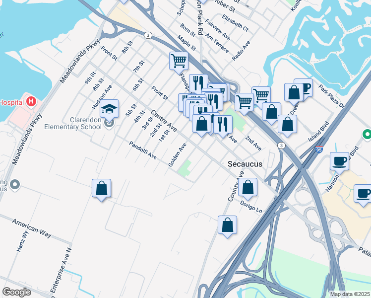 map of restaurants, bars, coffee shops, grocery stores, and more near 135 Centre Avenue in Secaucus