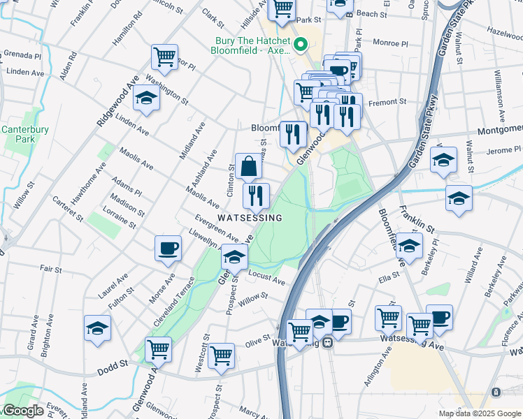 map of restaurants, bars, coffee shops, grocery stores, and more near 198 Glenwood Avenue in Bloomfield