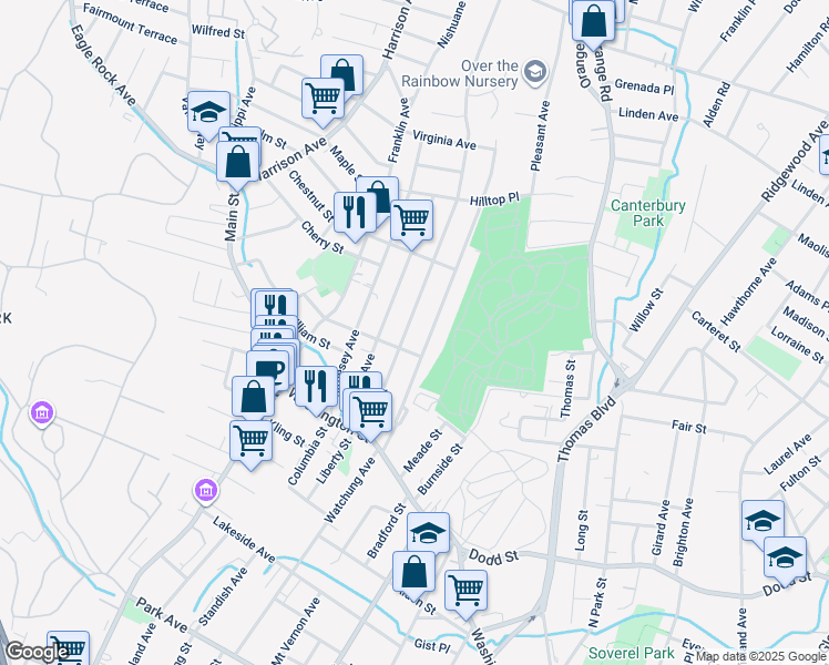 map of restaurants, bars, coffee shops, grocery stores, and more near 92 High Street in West Orange
