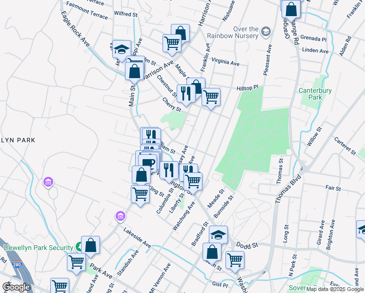 map of restaurants, bars, coffee shops, grocery stores, and more near 146 Franklin Avenue in West Orange
