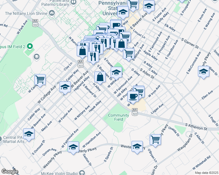 map of restaurants, bars, coffee shops, grocery stores, and more near in State College