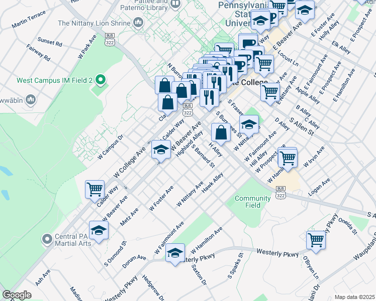 map of restaurants, bars, coffee shops, grocery stores, and more near 212 South Barnard Street in State College