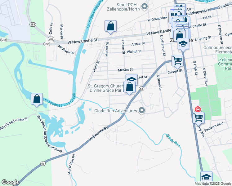 map of restaurants, bars, coffee shops, grocery stores, and more near 217 Pine Street in Zelienople