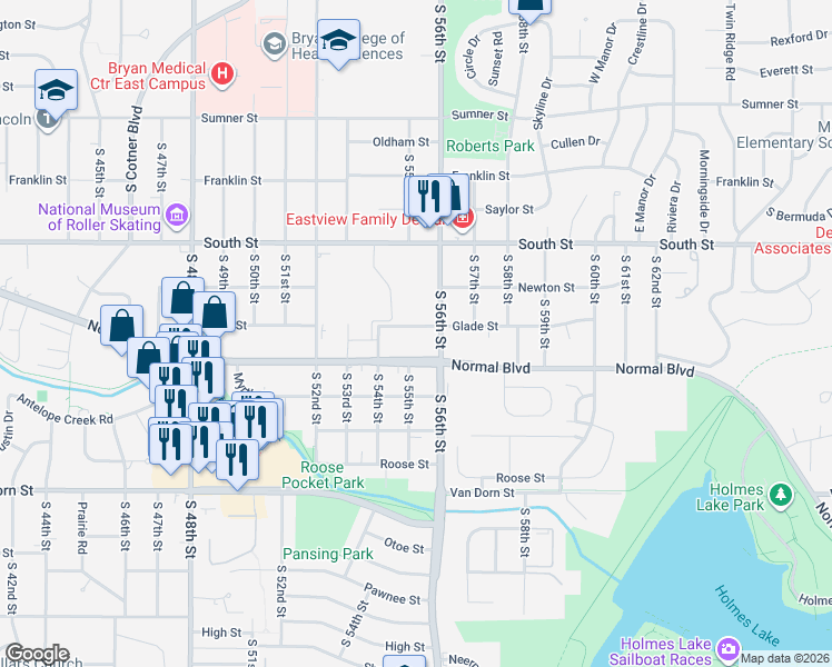 map of restaurants, bars, coffee shops, grocery stores, and more near 5540 Glade Street in Lincoln